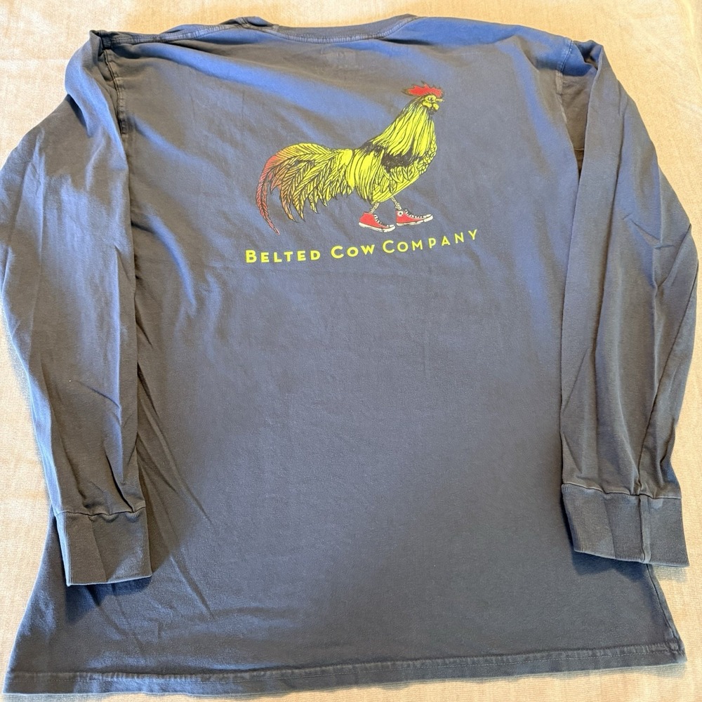 Belted Cow Company Rooster Shirt Large Blue Pocket Tee Long Sleeve Graphic